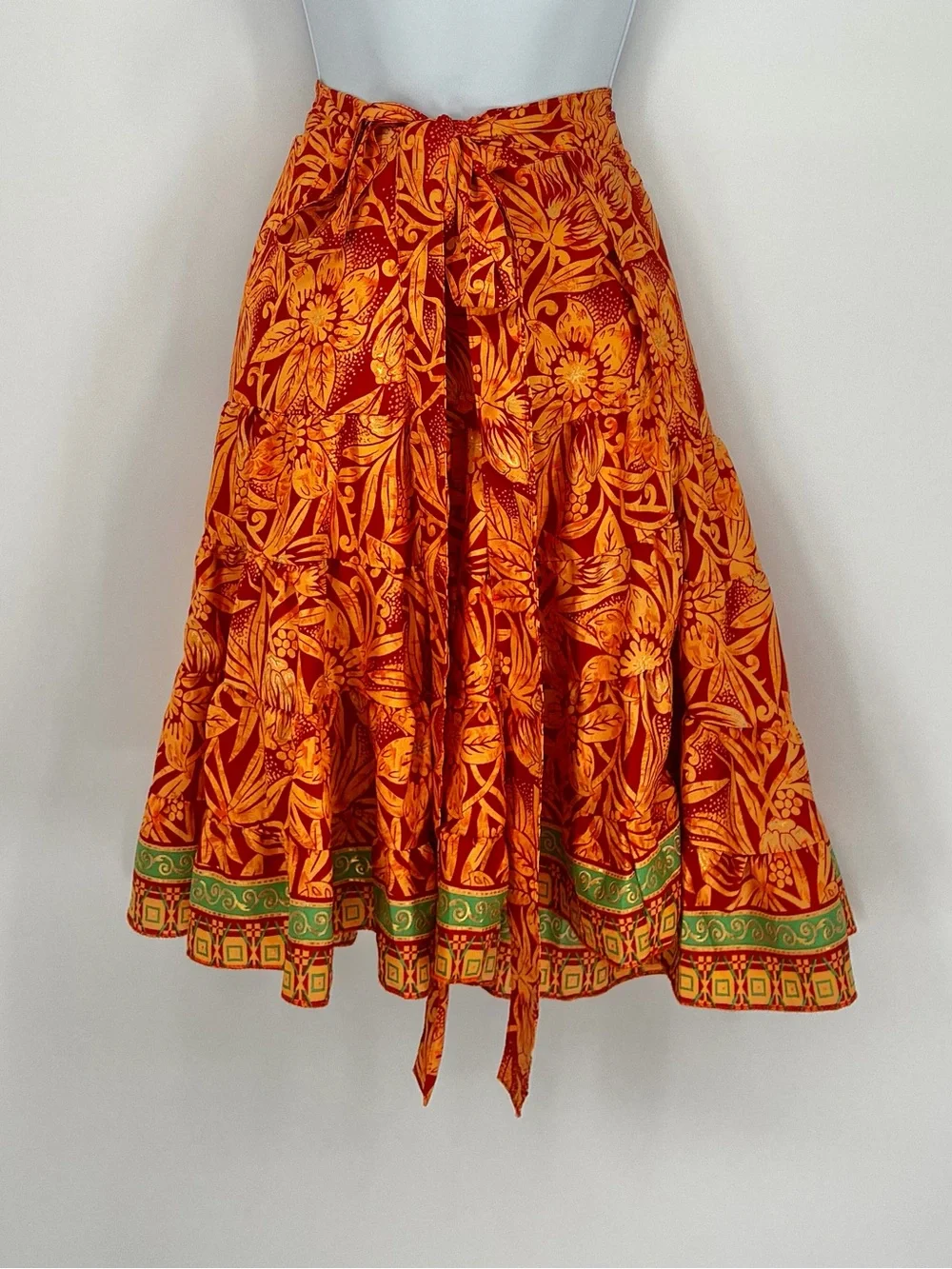Silk Blend Orange Floral Wrap Midi Skirt One Size